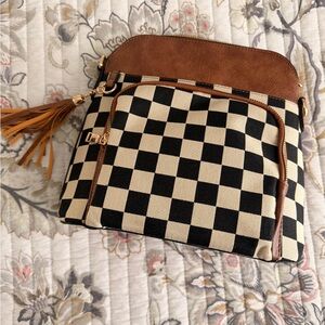 NEW w/o tags: Checkerboard Canvas Crossbody Bag with Brown Trim
